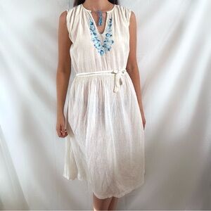 Vintage 70s cream boho embroidered blue floral dress midi medium large